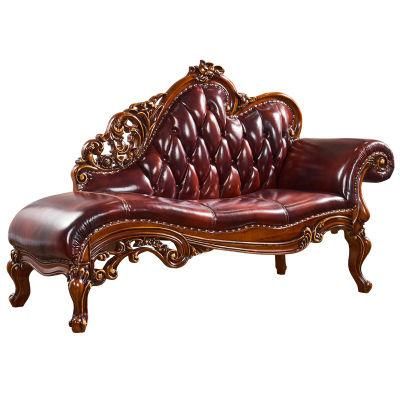 Wood Carved Classic Leather Chaise Lounge Sofa Furniture in Optional Lounge Chair Color