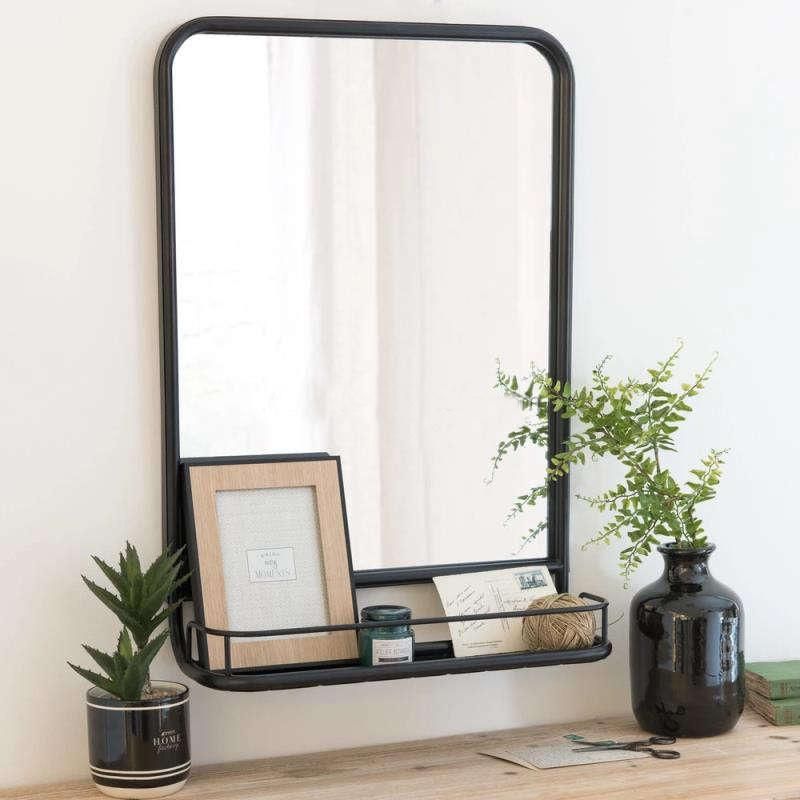 Large Rectangle Black Metal Framed Wall Mirror with Shelf for Bathroom Decor