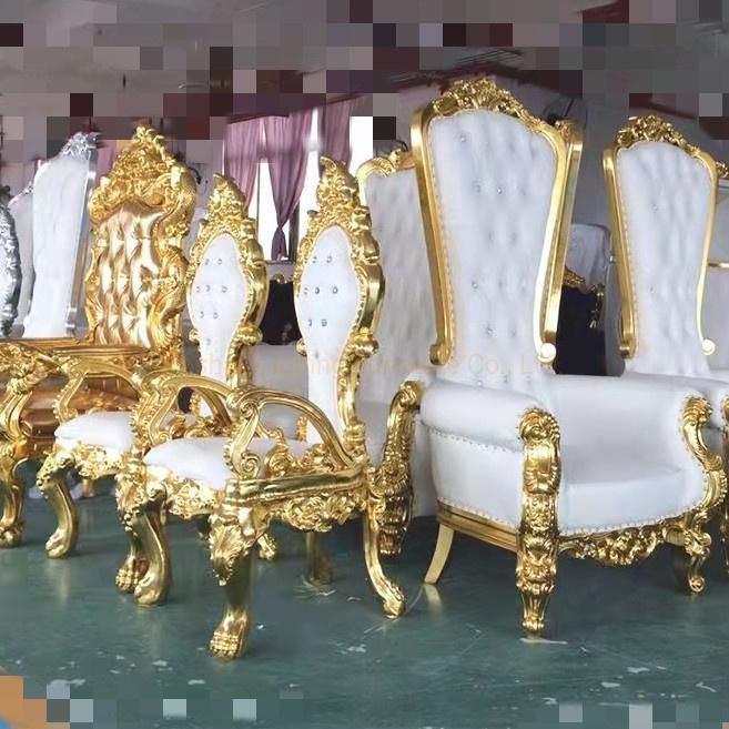 Hotel European Luxury Royal Gold Wooden King Throne Wedding Background Sofa Furniture Competitive Party Diamond Two Seater High Back Leisure Chair