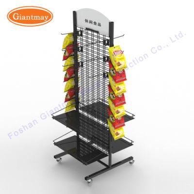 Floor Standing Metal Wire Shelving Potato Chip Storage Display 4 Shelves Baskets Rack with Hooks