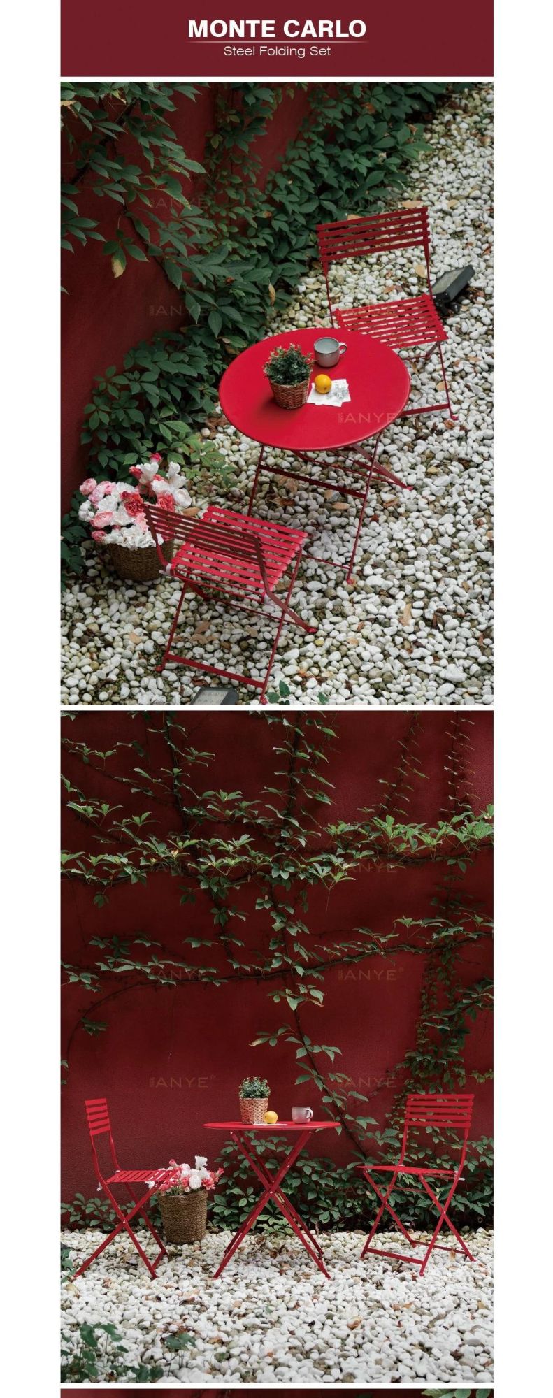 Red Metal Outdoor Furniture Portable Round Coffee Table and Folding Chair Space Saving Furniture
