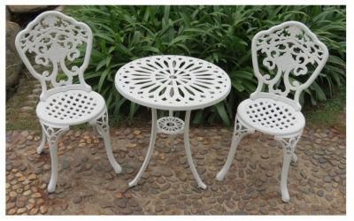 White Cast 3 Piece Bistro Outdoor Patio Set Leaf Design Weather Resistant Round Table 2 Chairs Garden Furniture