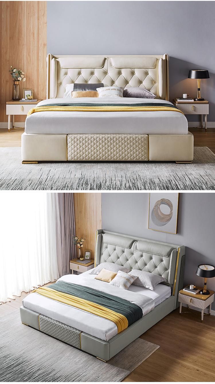 Linsy Genuine Square Modern Bedroom Furniture Beds European Leather King Bed R305