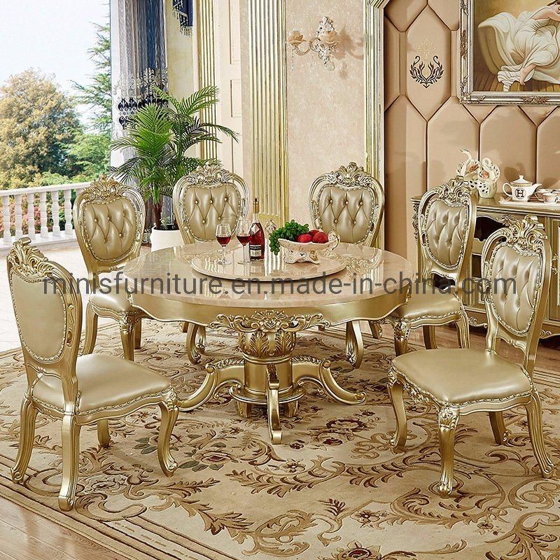 (M-CDT621) European Royal Style Golden Wood Marble Round Dining Table