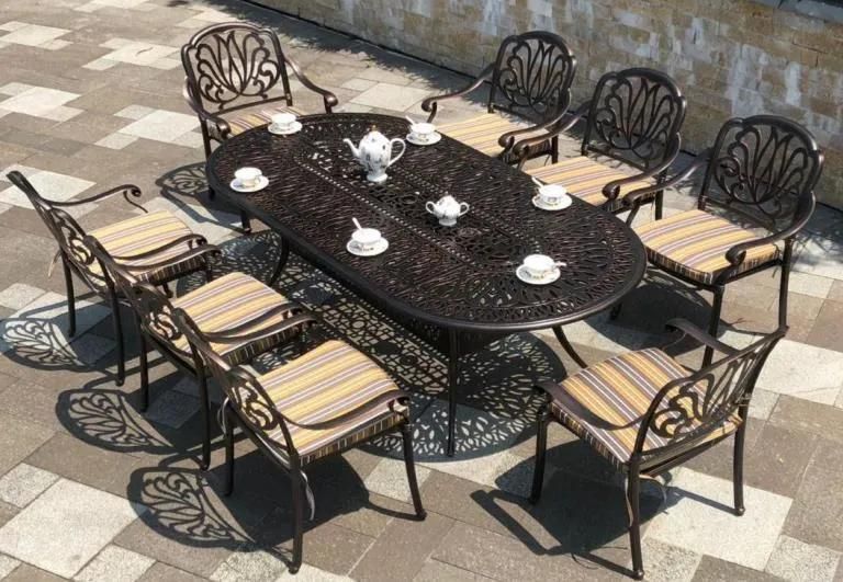 Good Price Outdoor Patio Cast Aluminum Furniture All Weather Dining Sets Mosaic BBQ Table with Cast Aluminum Chairs