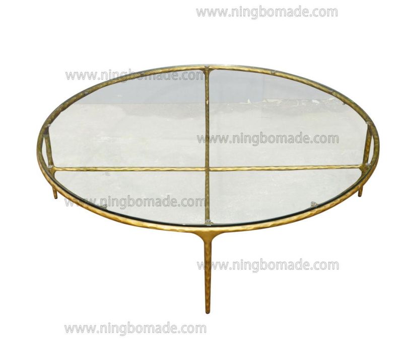 Rustic Hand Hammered Collection Furniture Forged Solid Iron Metal with Brass Color Thick Tempered Glass Round Coffee Table