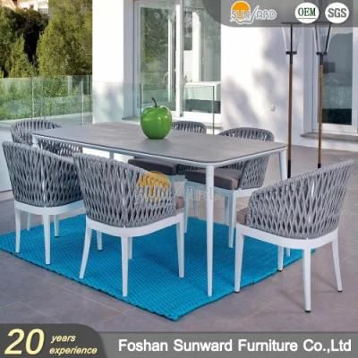 Modern Luxury Patio Outdoor Garden Aluminium Polyester Rope Leisure Restaurant Home Hotel Patio Dining Furnitures Table and Chair