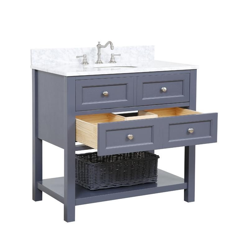 36 Inch Fashionable Professional Makeup European Bathroom Cabinet Bath Vanity Floor Mounted Vintage Style Grey Wooden Bathroom Cabinet Vanity with Marble Top