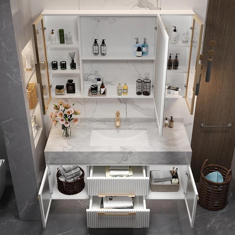 European Style Bathroom Furniture Metal Handle LED Mirror Bathroom Cabinet with Rock Plate Sink