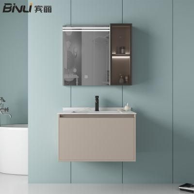 European Standard Modern Style Wall-Mounted Basin Vanity Furniture Set Plywood Cabinet with LED Mirror