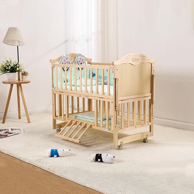 Variety Colors Detachable Multifunction Baby Wooden Crib with Four Silent Universal Wheels