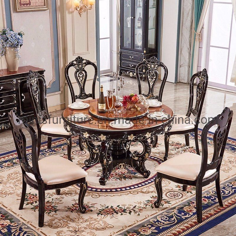 (M-CDT621) European Royal Style Golden Wood Marble Round Dining Table