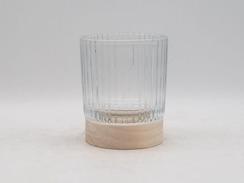 Glass Candle Holder with Variuos Pattern with Wood at The Bottom