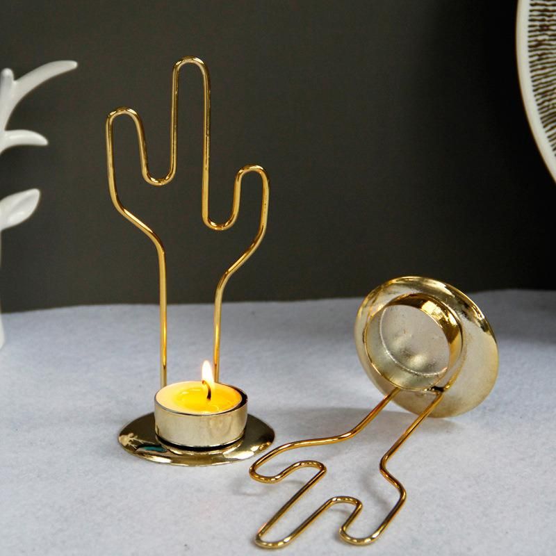 Simple Modern European Home Decoration Desktop Ornaments Golden Metal Cactus Candlestick Candle Cup