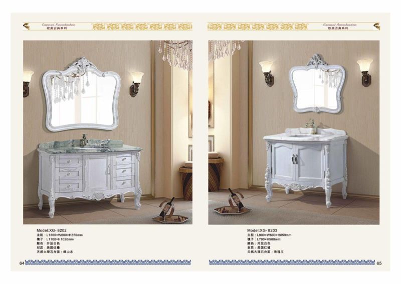 European Standard Classical Style Furniture White Color American Red Oak Solid Wood Bathroom Cabinet