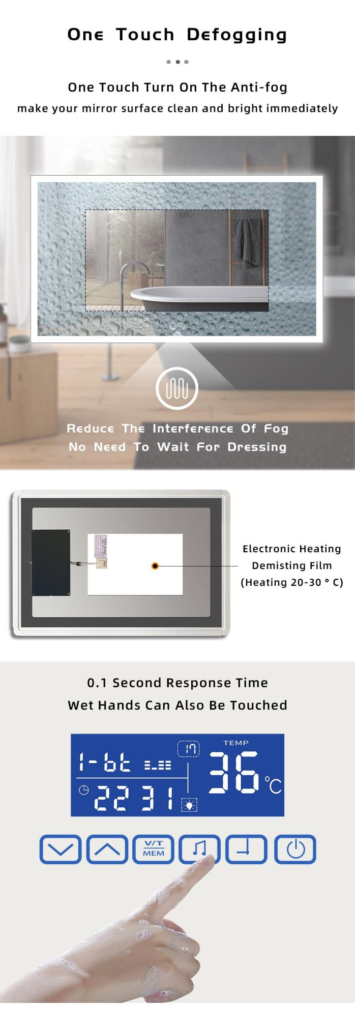 European Touch Control Hotel Vanity Frameless LED Smart Bathroom Mirror with Light Bathroom Mirror
