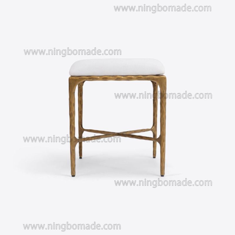 Rustic Hand Hammered Collection Furniture Forged Solid Iron Metal with Brass Color White Line Small Bed End Stool