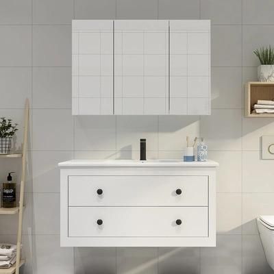 European Style White Wooden Modern Silver Mirror Wall Mounted Bathroom Cabinet Ceramic Vanity