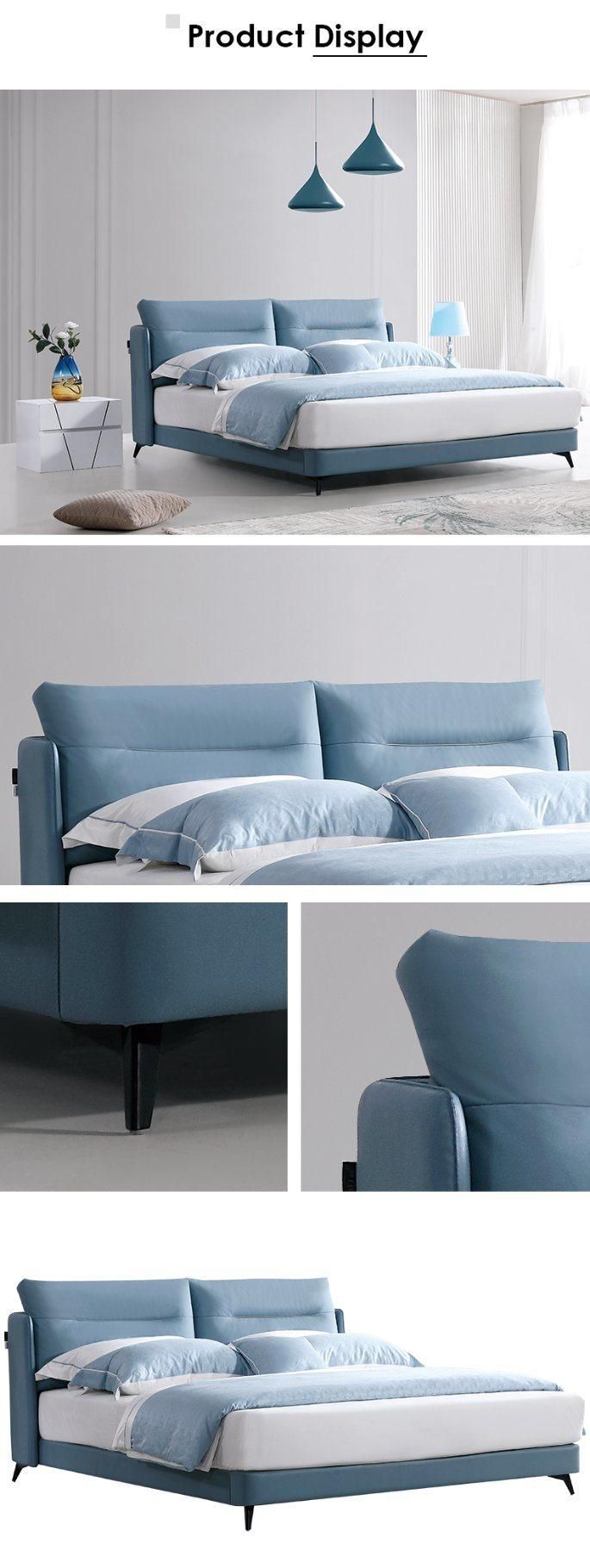 European Style Furniture Leather Blue Bed
