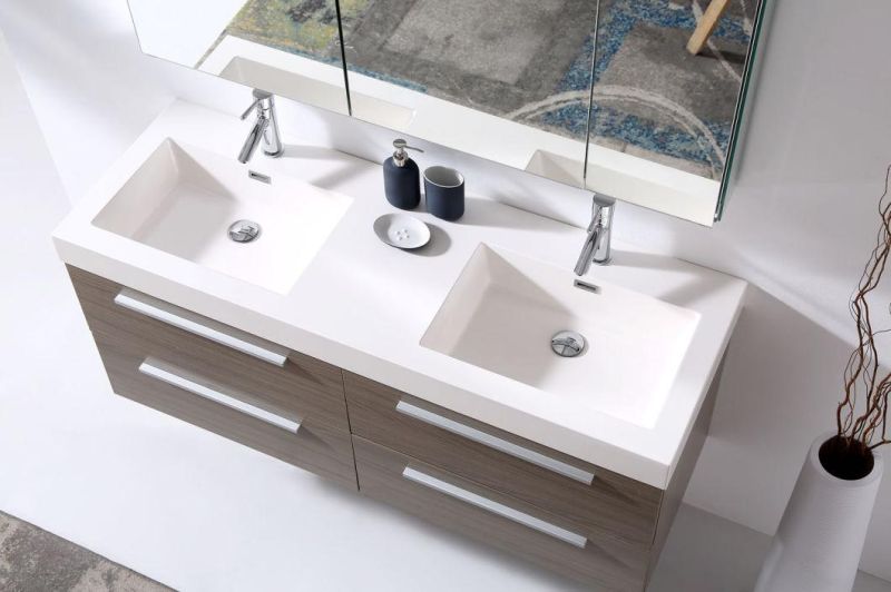 Simple European Classic Hotel or Home Use Plywood Melamine Four Drawers Mirror Cabinet Bathroom Cabinet Vanity Furniture with Double Ceramic or Resign Sinks