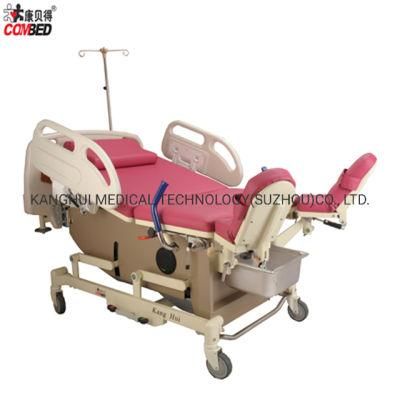 Pink Color Surgical Equipment Four Wheels Hospital Women Delivery Bed with Hand Control