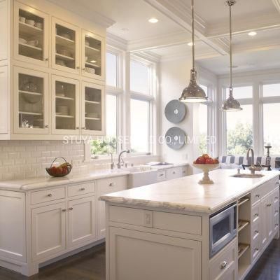 Home Furniture Classical European Style Kitchen White Color Roman Pillars L Shaped Solid Wood Kitchen Cabinet