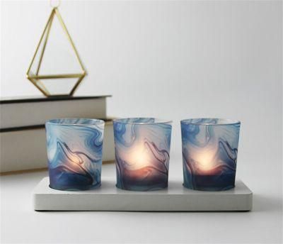 Nordic Blue Printed Wood Bottom Glass Candlestick Modern Romantic Candlelight Dinner Furnishings