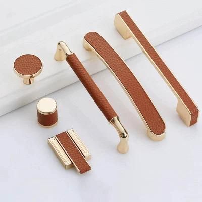 Zinc Alloy + Leather 64 96 128 192mm Cabinets Dresser Cupboard Drawer Rose Gold Brown European Mix Leather Pulls Handles Knobs