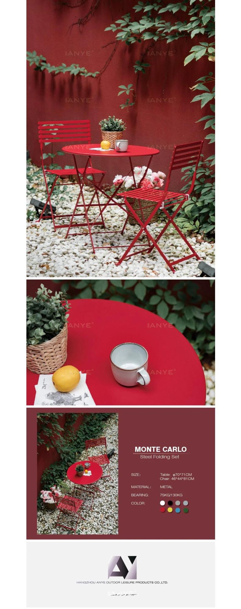 Red Metal Outdoor Furniture Portable Round Coffee Table and Folding Chair Space Saving Furniture