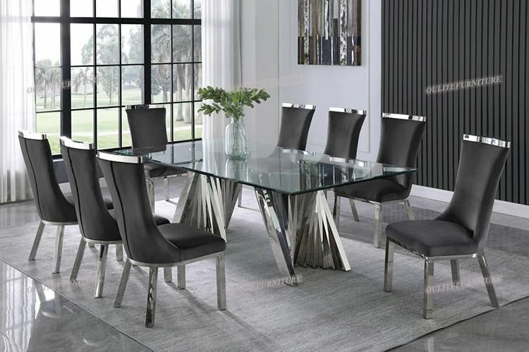 Home Furniture Chrome Legs Glass Top Dining Table with Chairs