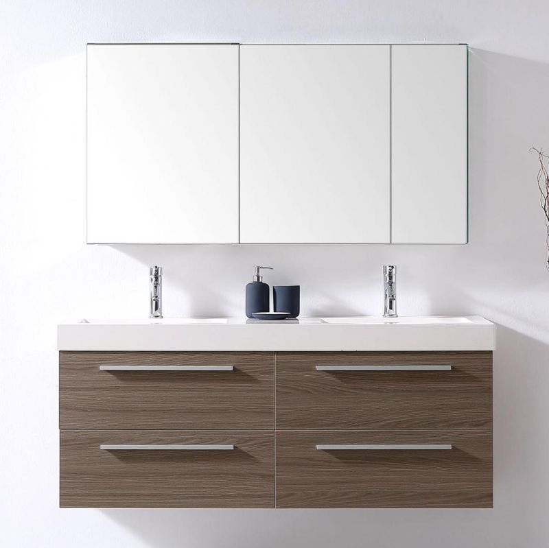 Simple European Classic Hotel or Home Use Plywood Melamine Four Drawers Mirror Cabinet Bathroom Cabinet Vanity Furniture with Double Ceramic or Resign Sinks