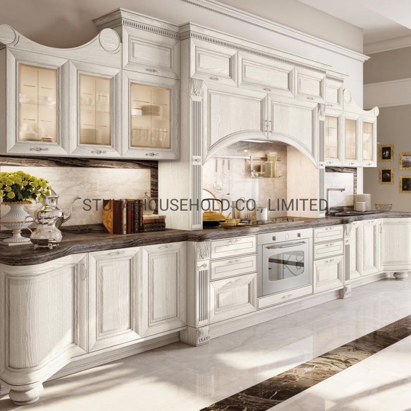 Home Furniture Classical European Style Kitchen White Color Roman Pillars L Shaped Solid Wood Kitchen Cabinet