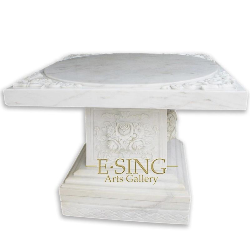 Outdoor Big Marble Square Table Flower Carving Natural White Marble Table for Garden