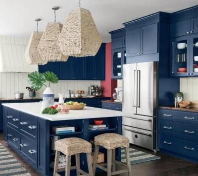Dark Nave Blue Solid Timber Factory Customized Design Farmhouse Kitchen Cabinets with Lantern Pendant