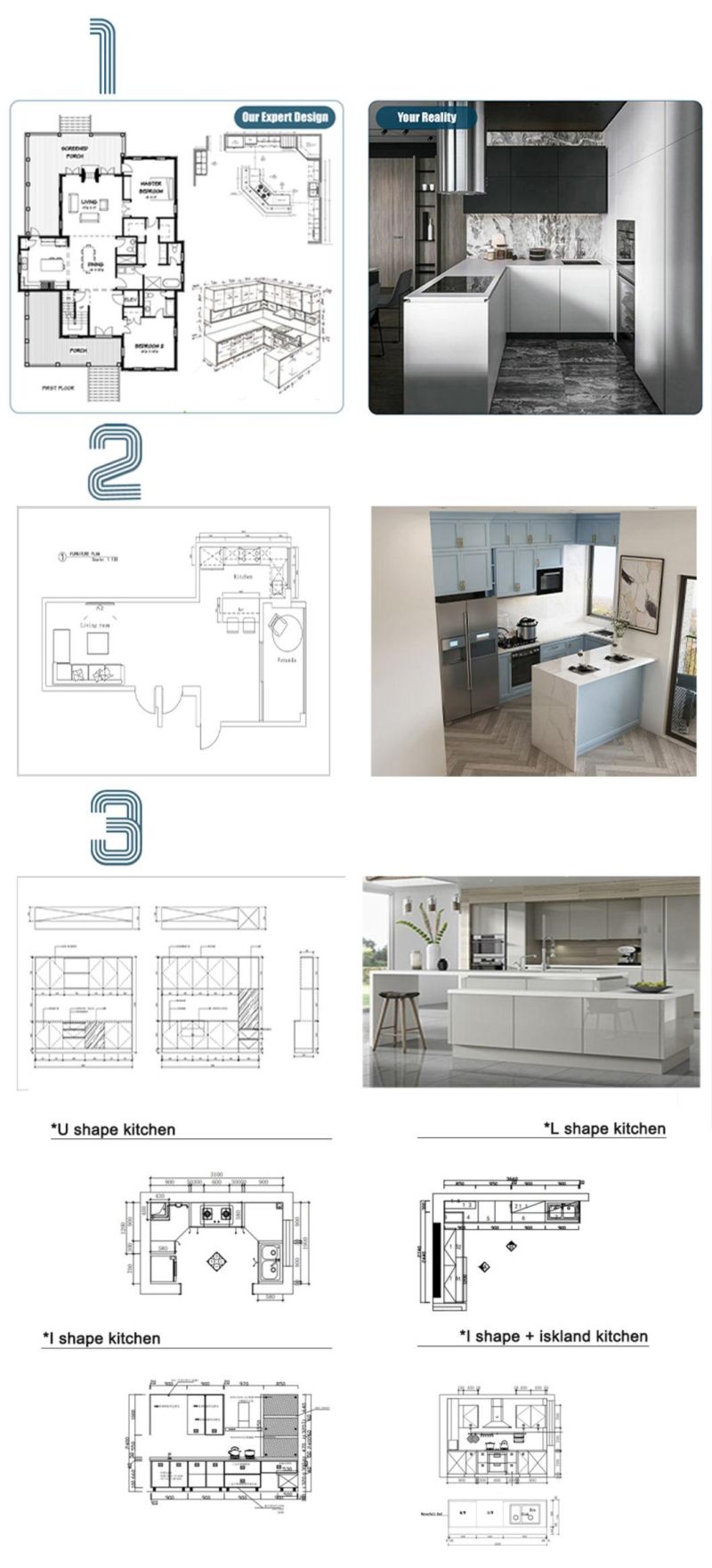 European Style Bespoke Ready Assemble Modular Islands Handless Cheap Laminated Modern Custom Kitchen Cabinet