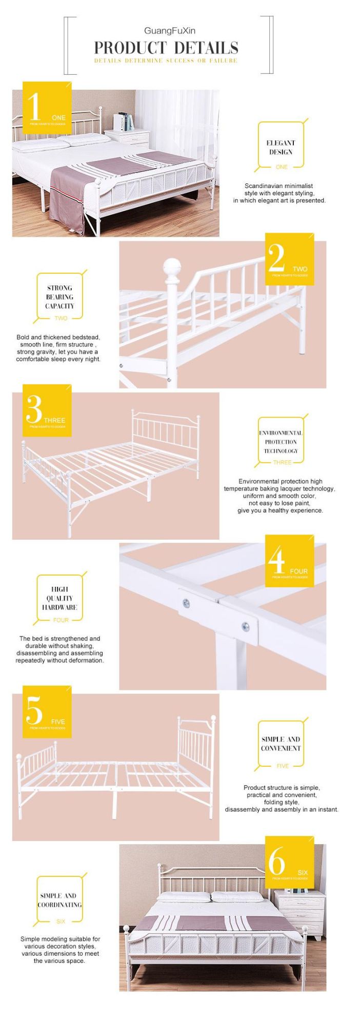 White Simple Modern Design All Iron Metal Double Bed Frame