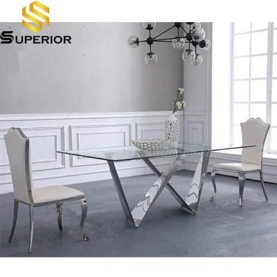 Home Furniture Clear Tempered Glass Dining Table with Metal Legs
