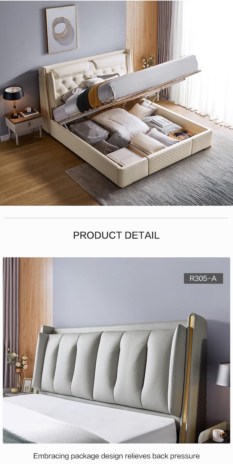 Linsy Genuine Square Modern Bedroom Furniture Beds European Leather King Bed R305