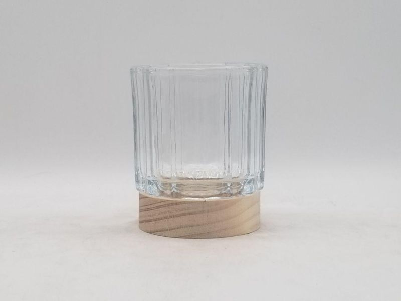 Glass Candle Holder with Variuos Pattern with Wood at The Bottom