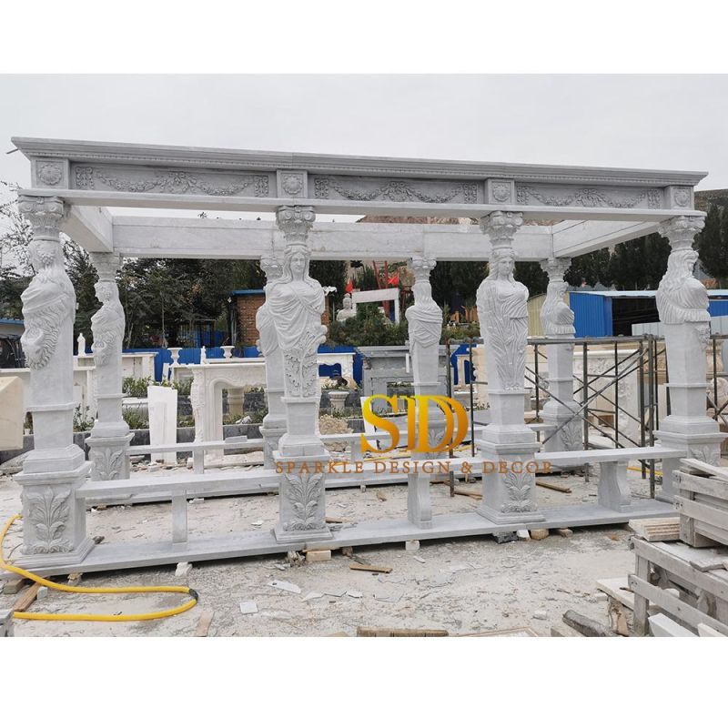 Rectangle Shape European Hand Carved White Marble Gazebo for Sale Large Marble Carving Pavillion for Garden Decortion