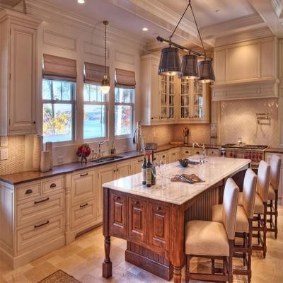 Luxury European Complete Set Storage Kitchen Cabinets Furniture Design Class Antique White Solid Wood Island Kitchen Bar Cabinet