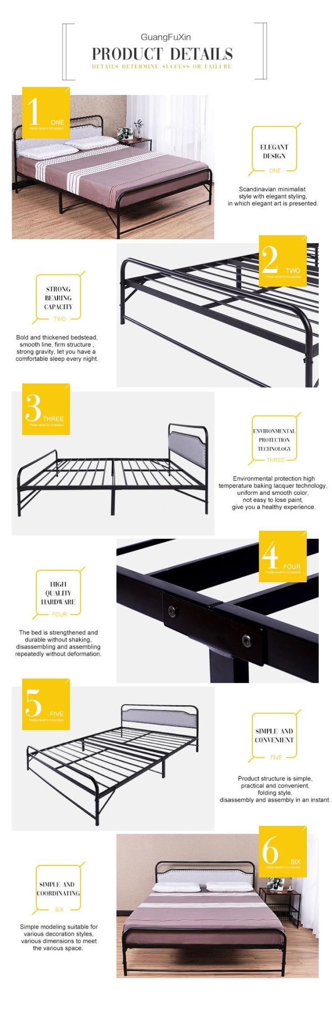 Factory Wholesale Black and Glod Powder Coating Steel Bed Frame