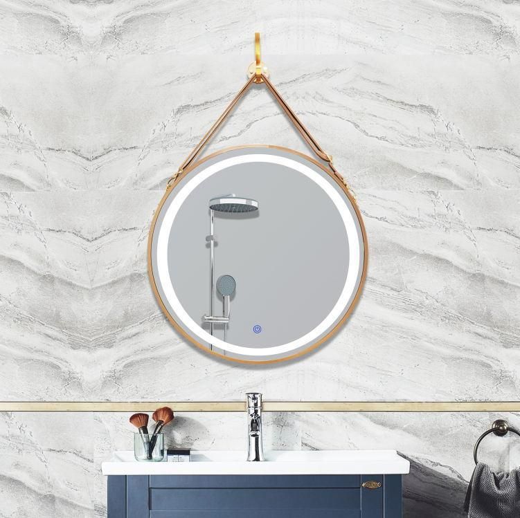 Salon Mirror LED Light Decorative Gold Round Wall Framed Mirror with Hanging Belt