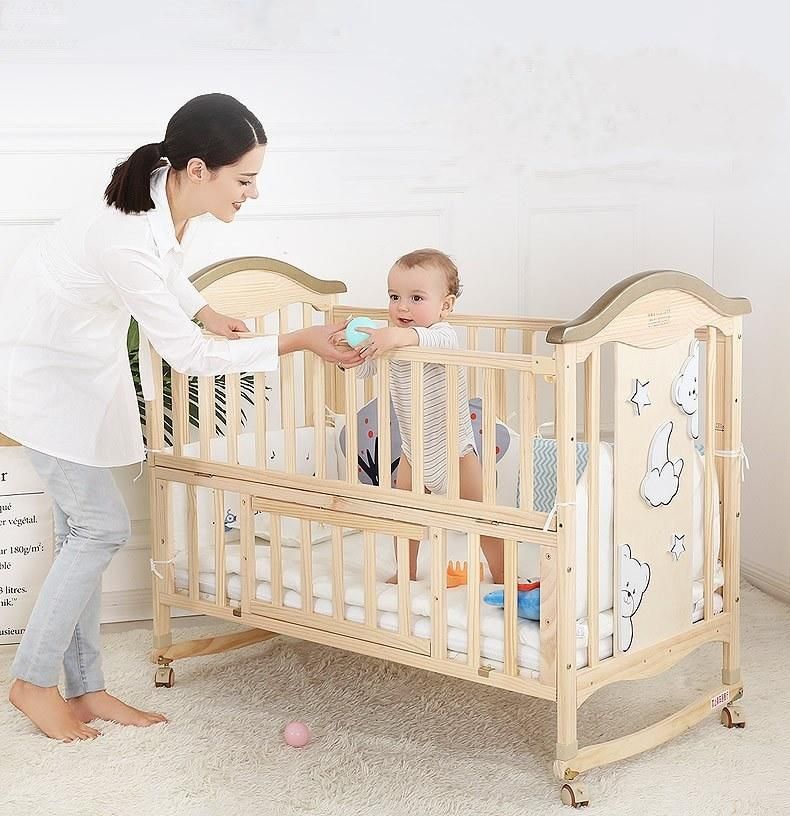 European-Style Bed Solid Wood White Newborn Luxury Baby Cradle/Convertible Baby Cradle Crib with Stronger Support