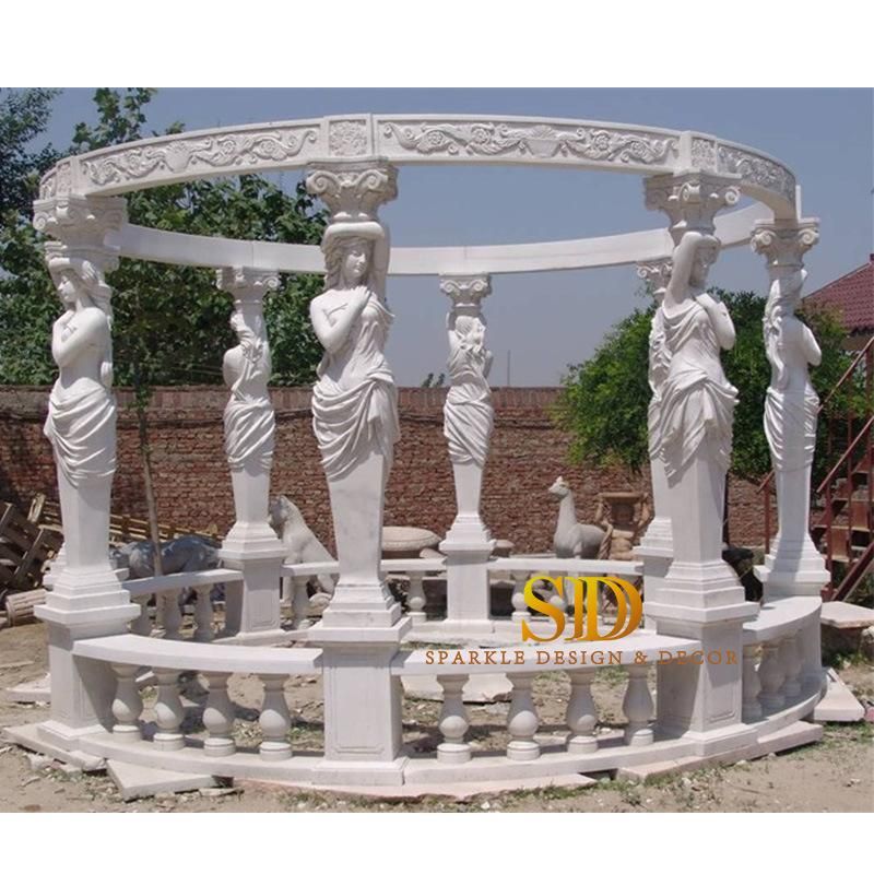 Middle Size European Hand Carved White Marble Gazebo with Iron Top for Garden Decor