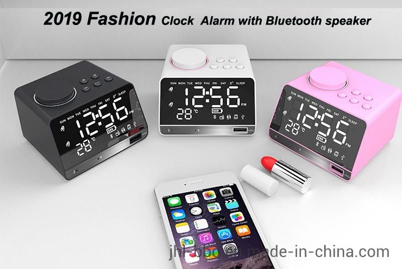 2019 Fashion Desk and Table Clock with Blue Tooth 4.2 MP3 Play and Dual Alarm FM Radio Speaker Dual USB Charging Week and Temperature Display