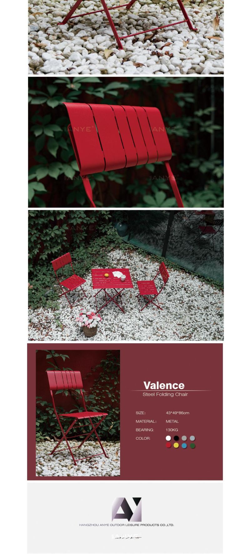 Sturdy Steel Outdoor Furniture Portable Red Folding Patio Dining Chair for Balcony Courtyard Bistro