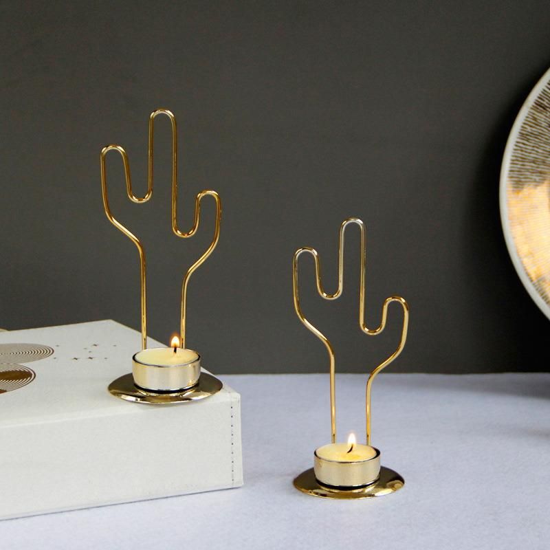 Simple Modern European Home Decoration Desktop Ornaments Golden Metal Cactus Candlestick Candle Cup