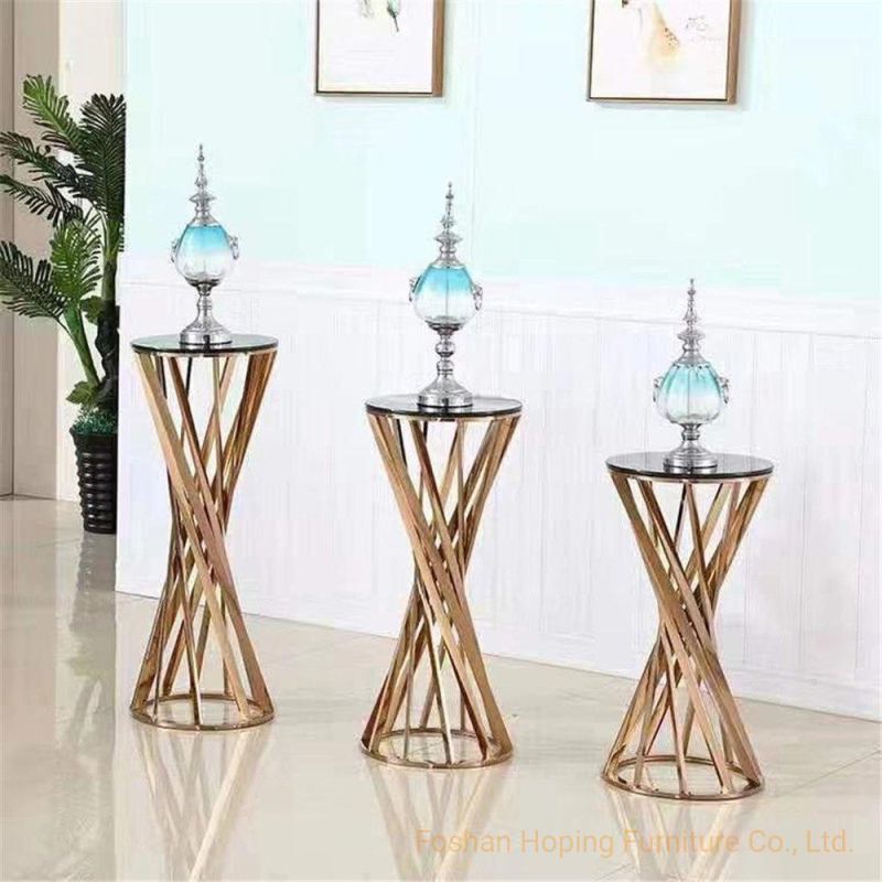 Wedding Decoration Cake Stand Flower Display Gold Steel Metal Plinths Black Glass Top Table