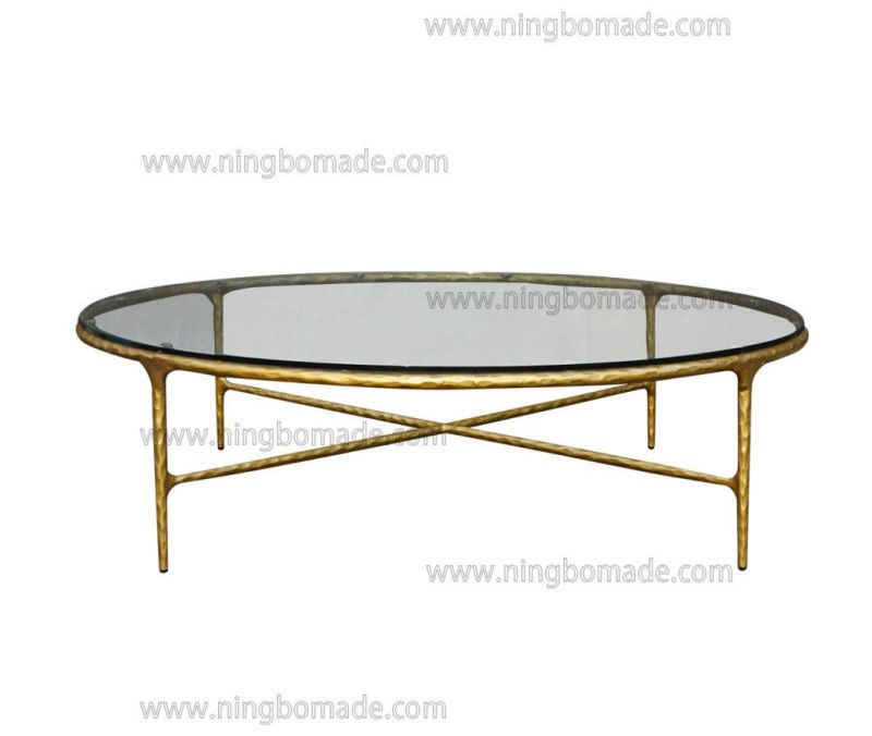 Rustic Hand Hammered Collection Furniture Forged Solid Iron Metal with Brass Color Thick Tempered Glass Round Coffee Table